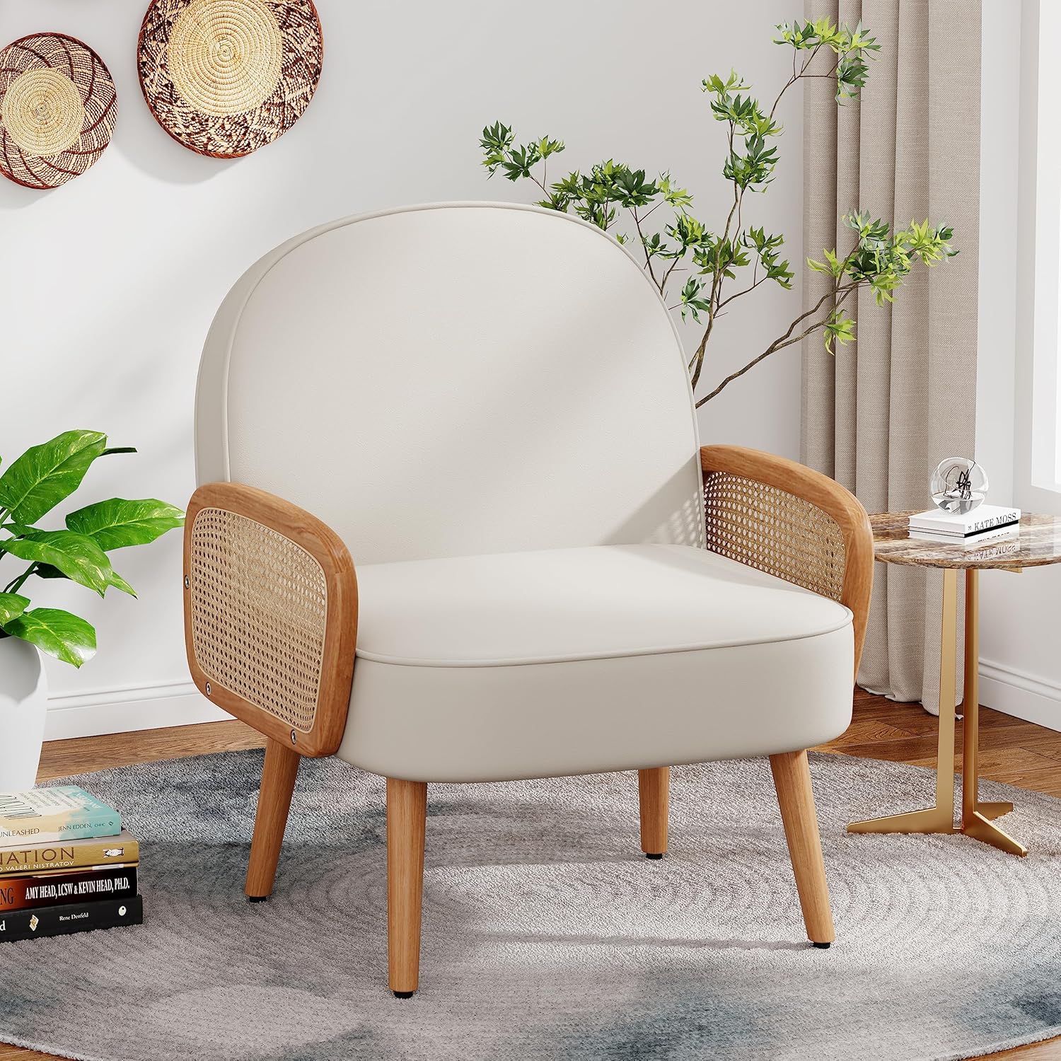 Aklaus Mid Century Modern Accent Chair Armchair with Rattan Arms Upholstered Rattan Boho Accent Chair for Living Room Bedroom Balcony Faux Leather Reading Chairs Side Club Chair Beige