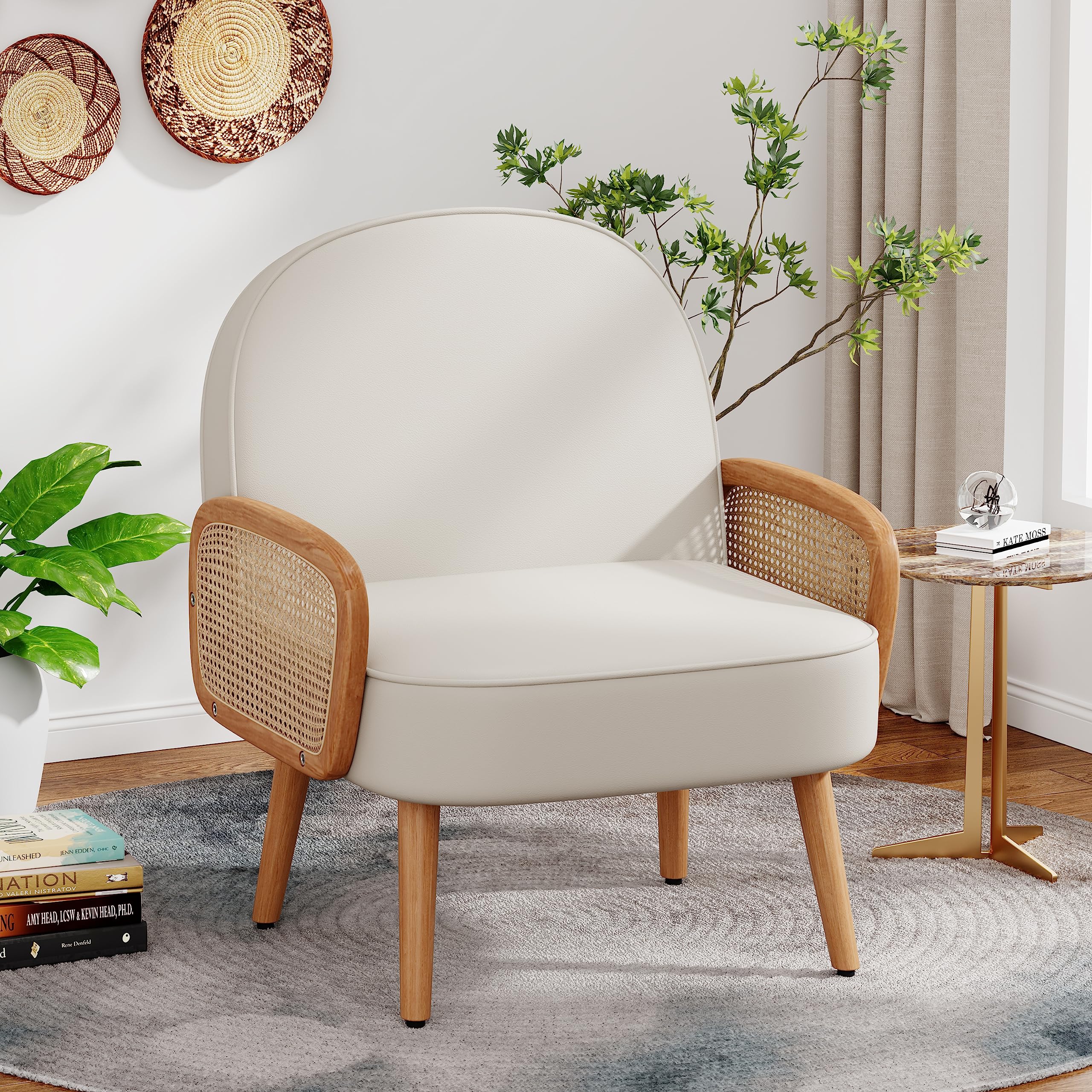 Aklaus Mid Century Modern Accent Chair Armchair with Rattan Arms Upholstered Rattan Boho Accent Chair for Living Room Bedroom Balcony Faux Leather Reading Chairs Side Club Chair Beige
