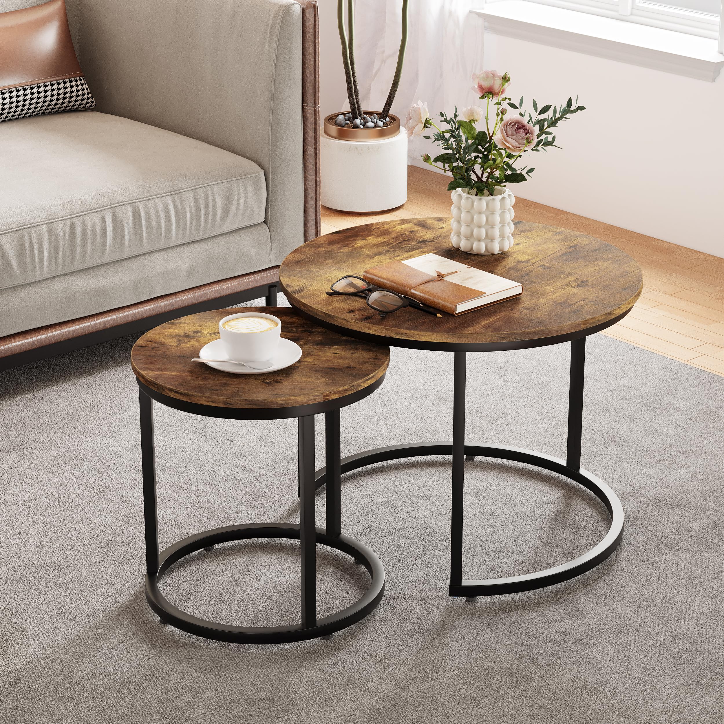 Smuxee Nesting Coffee Table Set of 2, 23.6" Round Coffee Table Wood Grain Top with Adjustable Non-Slip Feet, Industrial End Table Side Tables for Living Room Bedroom Balcony Yard